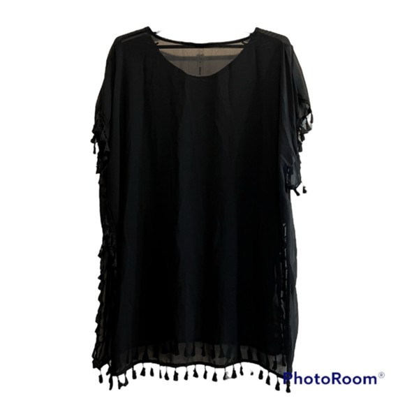 SHEIN Black Sheer Floral Embroidered Poncho Tasseled Hem Loose Tunic Size Medium - Picture 2 of 11